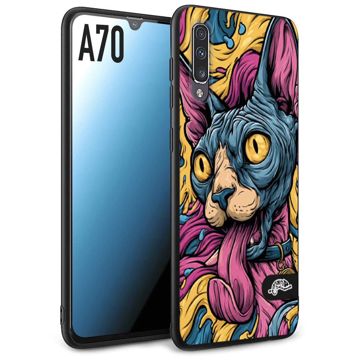 CUSTOMIZZA - Custodia cover nera morbida in tpu compatibile per Samsung A70 Sphynx Colorato Pop Art Psichedelico Gatto Blu Rosa Giallo Artistica Fantasy