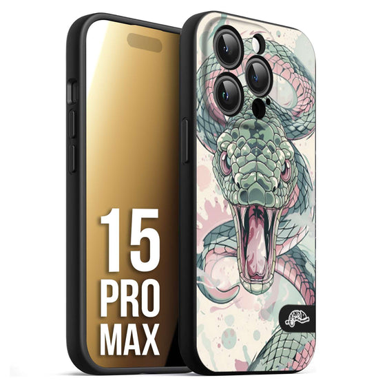 CUSTOMIZZA - Custodia cover nera morbida in tpu compatibile per iPhone 15 PRO MAX snake pink green serpente tatuaggio tattoo disegnato a mano