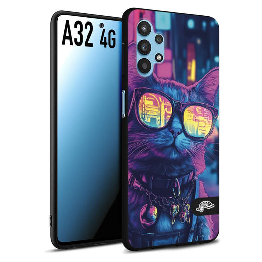 CUSTOMIZZA - Custodia cover nera morbida in tpu compatibile per Samsung A32 4G animali cyberpunk gatto street cat fucsia blu giallo
