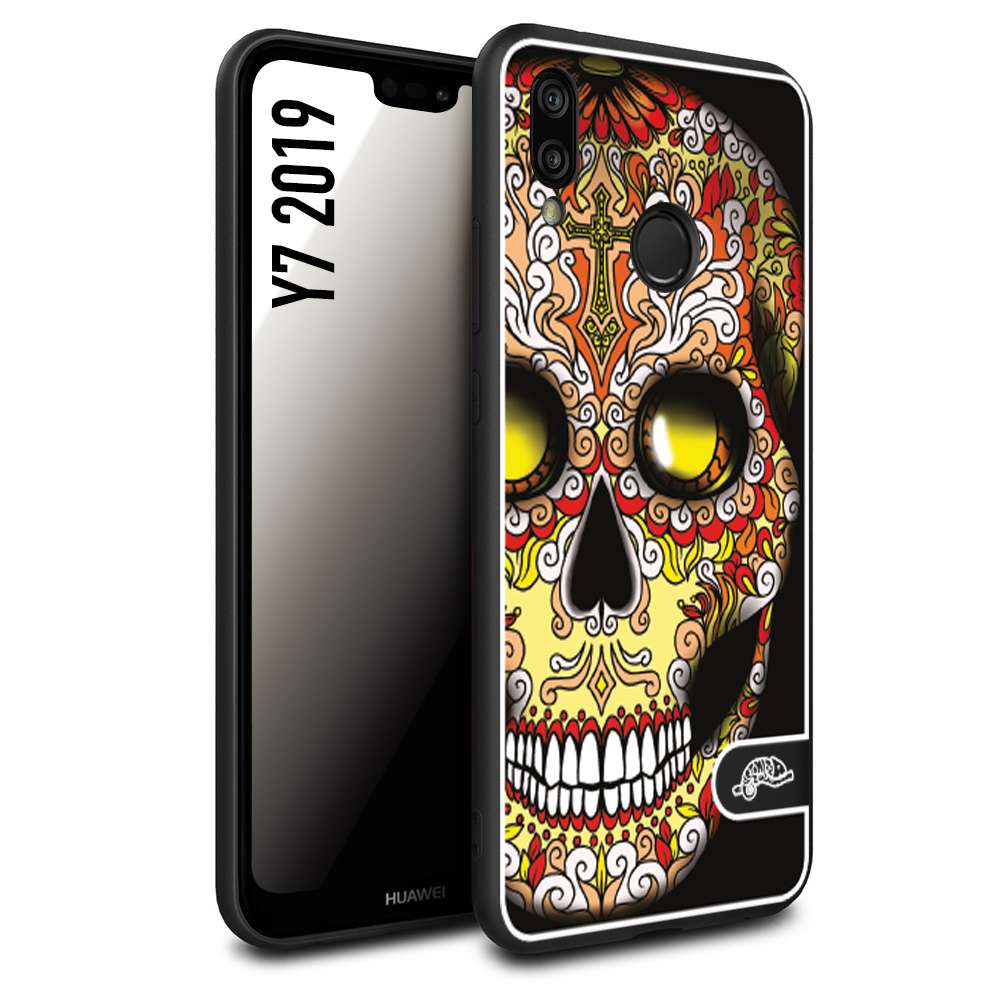 CUSTOMIZZA - Custodia cover nera morbida in tpu compatibile per Huawei Y7 2019 teschio messicano Mexican skull giallo rosso arancio