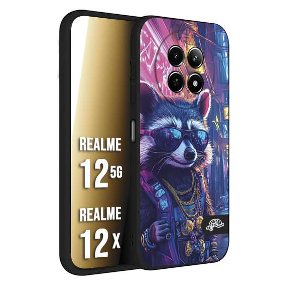 CUSTOMIZZA - Custodia cover nera morbida in tpu compatibile per Realme 12 5G - 12X animali simpatici cyberpunk procione racoon street cat fucsia blu giallo
