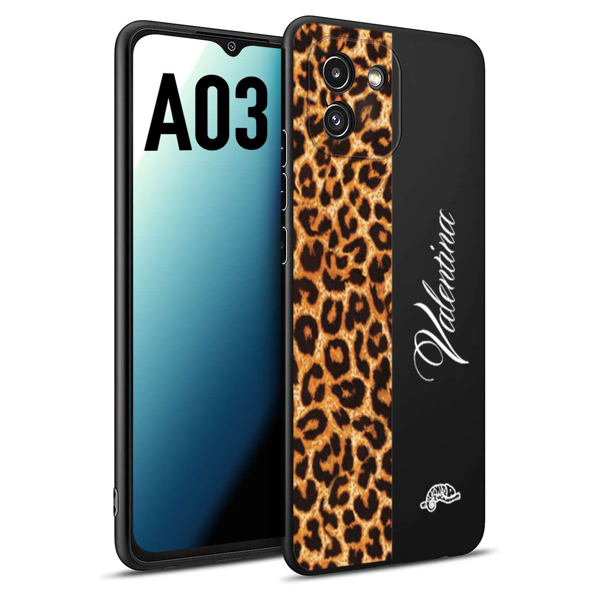 CUSTOMIZZA - Custodia cover nera morbida in tpu compatibile per Samsung A03 custom nome scritta leopardato maculato donna marrone leopard