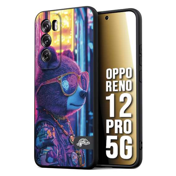 CUSTOMIZZA - Custodia cover nera morbida in tpu compatibile per Oppo Reno 12 PRO 5G animali cyberpunk orsetto orso street bear fucsia blu night