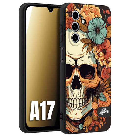 CUSTOMIZZA - Custodia cover nera morbida in tpu compatibile per Samsung A17 teschio skull flowers fiori autunnali arancio celeste tattoo