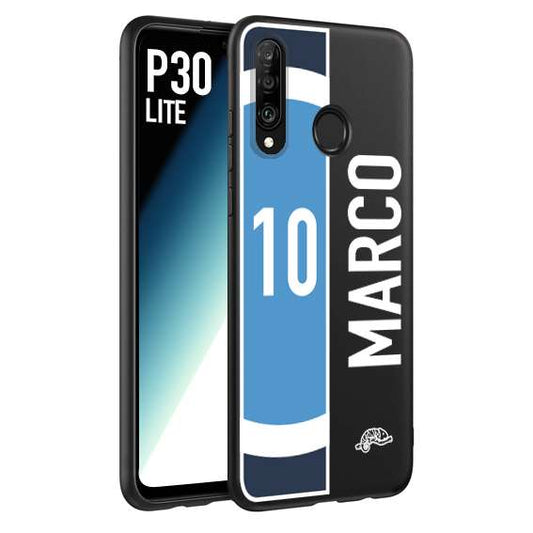 CUSTOMIZZA - Custodia cover nera morbida in tpu compatibile per Huawei P30 LITE personalizzata calcio football nome e numero calciatori biancoazzurri bianco celesti