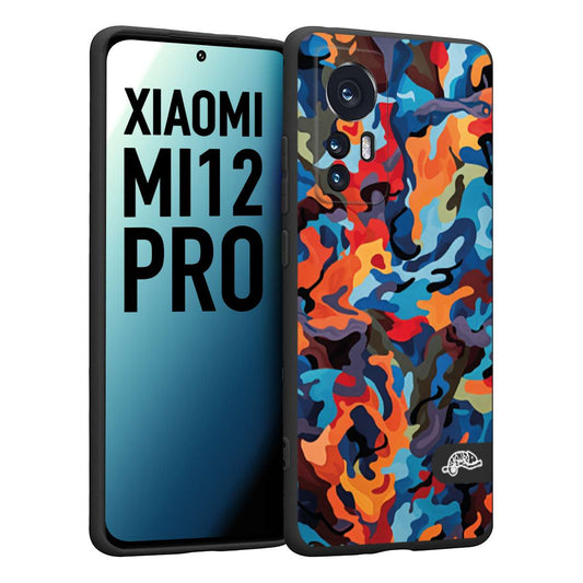 CUSTOMIZZA - Custodia cover nera morbida in tpu compatibile per Xiaomi 12 PRO camouflage mimetico militare moderno blu arancio rosso