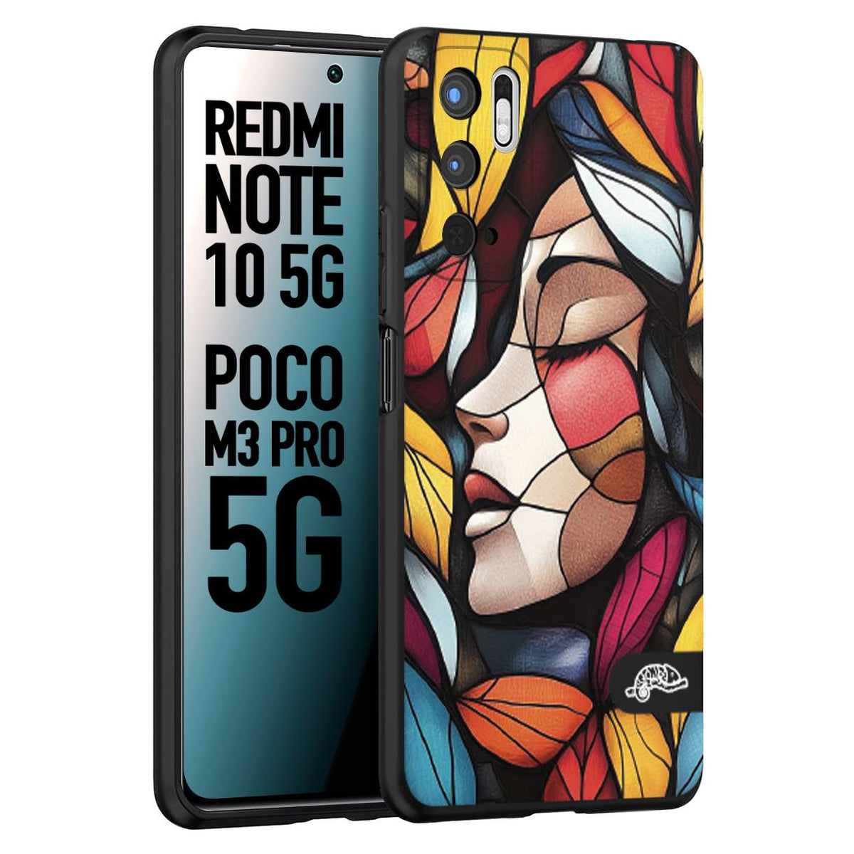 CUSTOMIZZA - Custodia cover nera morbida in tpu compatibile per Xiaomi Redmi Note 10 5G - Poco M3 Pro 5G Vetrata artistica volto di donna profilo fogliare mosaico di vetro colorato