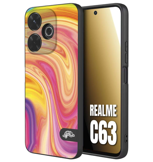 CUSTOMIZZA - Custodia cover nera morbida in tpu compatibile per Realme C63 colorata fantasia vortice marmo onde rosa fucsia gialla
