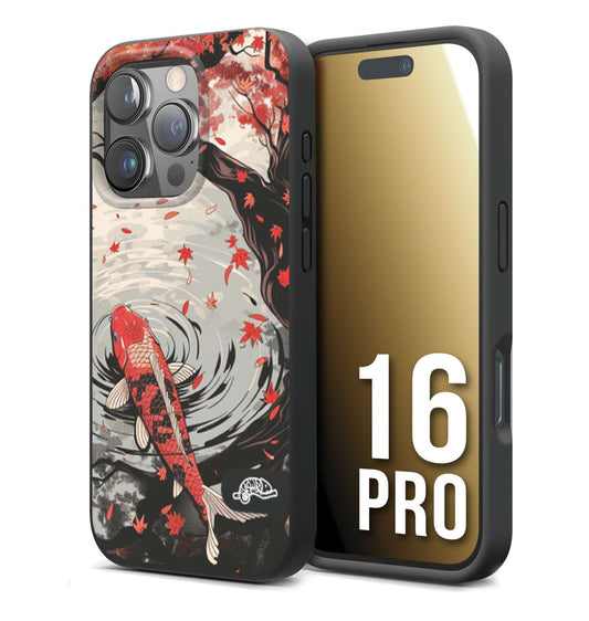 CUSTOMIZZA - Custodia cover nera morbida in tpu compatibile per iPhone 16 PRO giapponese lago carpa koi rossa con foglie d'acero rosso disegnata tattoo