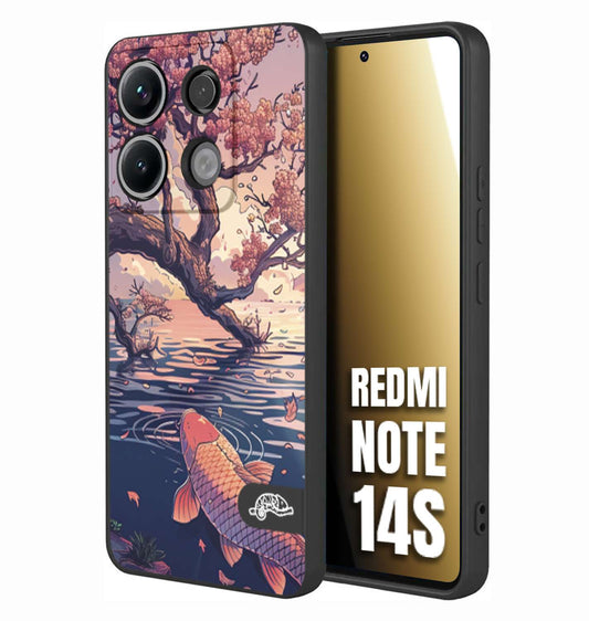 CUSTOMIZZA - Custodia cover nera morbida in tpu compatibile per Xiaomi Redmi Note 14S giapponese lago carpa koi rosa con foglie d'acero disegnata tattoo