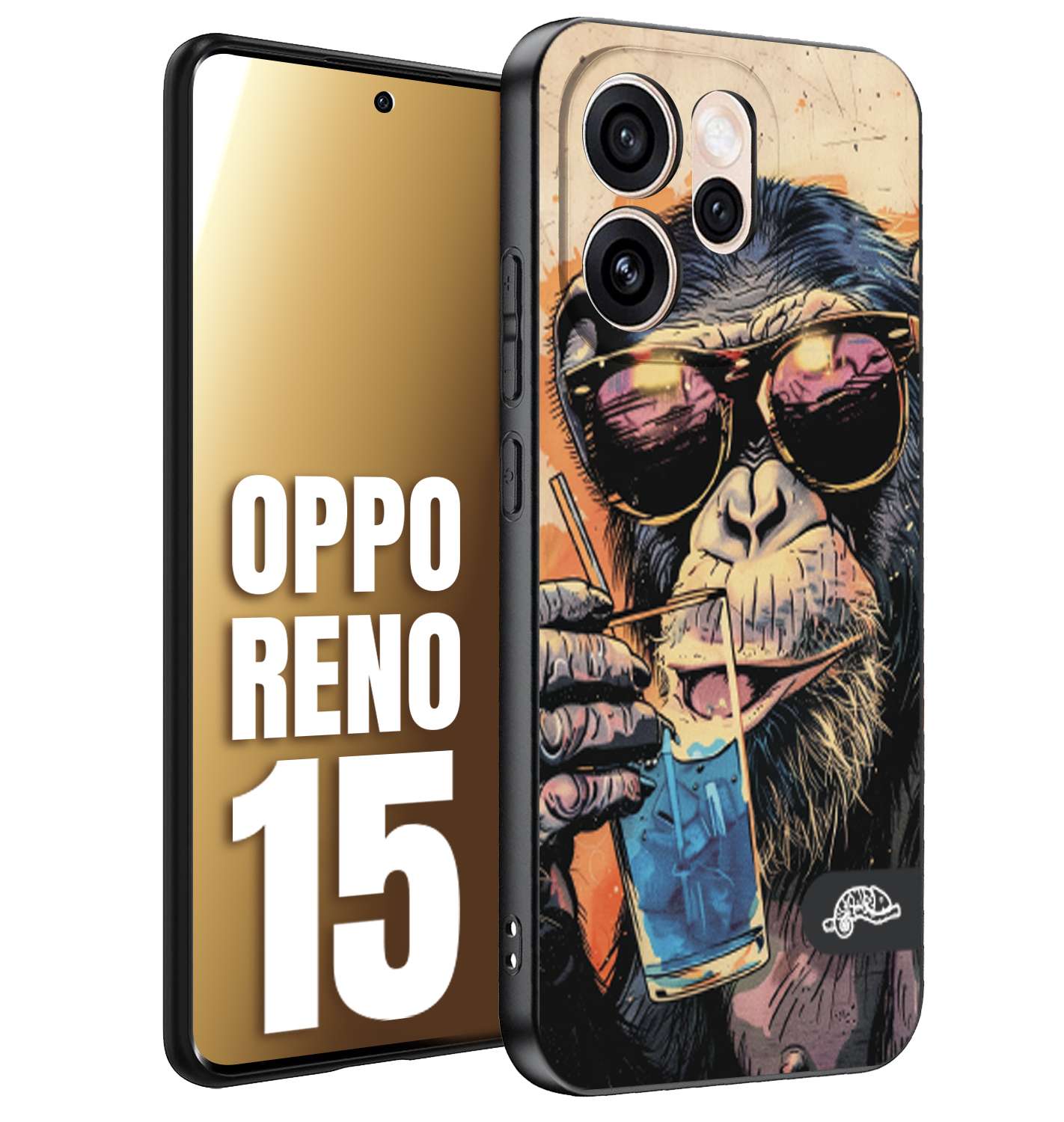 CUSTOMIZZA - Custodia cover nera morbida in tpu compatibile per Oppo Reno 15 estate disegnata cocktails animali simpatici scimmia monkey negroni