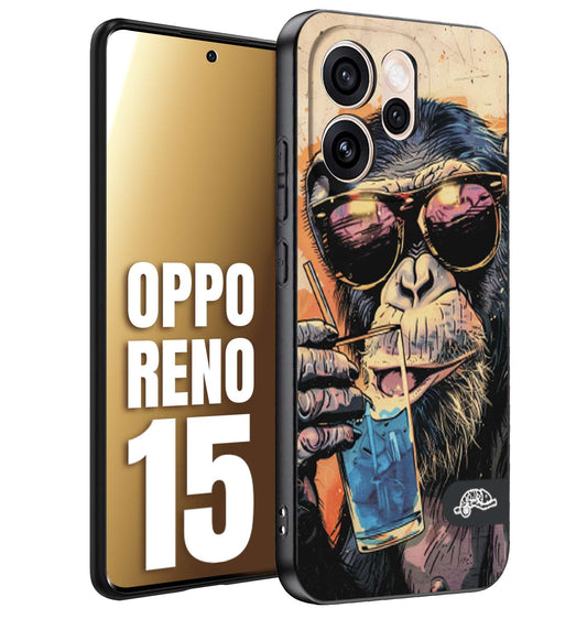 CUSTOMIZZA - Custodia cover nera morbida in tpu compatibile per Oppo Reno 15 estate disegnata cocktails animali simpatici scimmia monkey negroni