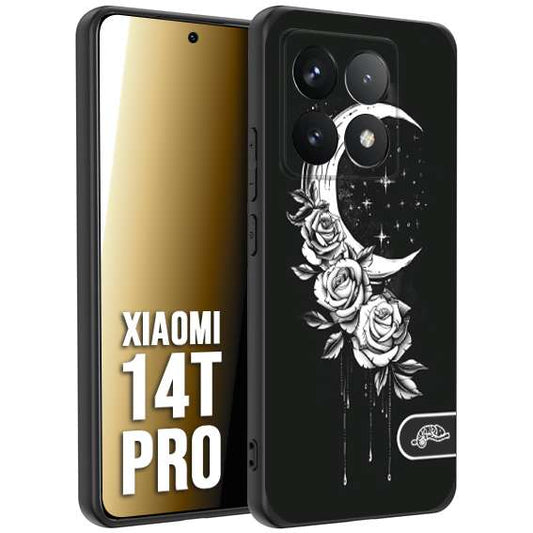 CUSTOMIZZA - Custodia cover nera morbida in tpu compatibile per Xiaomi 14T PRO luna e fiori moon flowers black and white bianco a rilievo disegnato