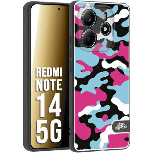 CUSTOMIZZA - Custodia cover nera morbida in tpu compatibile per Xiaomi Redmi Note 14 5G camouflage mimetico militare fucsia celeste