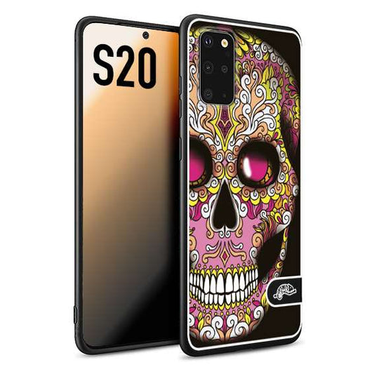 CUSTOMIZZA - Custodia cover nera morbida in tpu compatibile per Samsung S20 teschio messicano Mexican skull rosa gialla