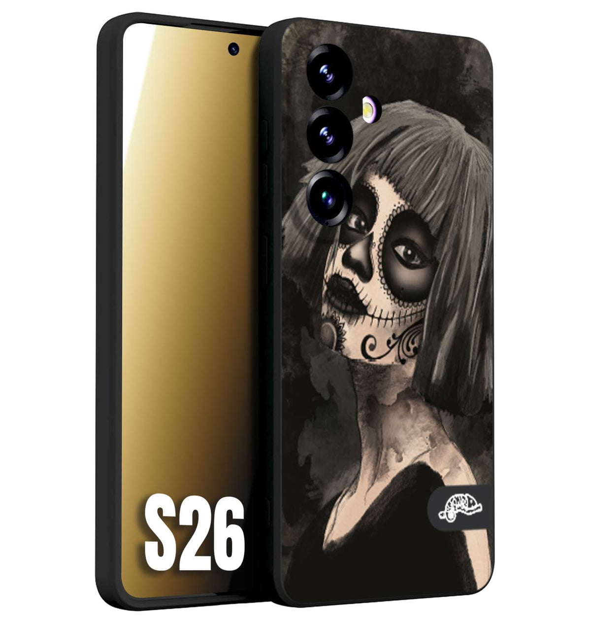 CUSTOMIZZA - Custodia cover nera morbida in tpu compatibile per Samsung S26 chicana messicana dea de la muerte donna santa tattoo disegnata