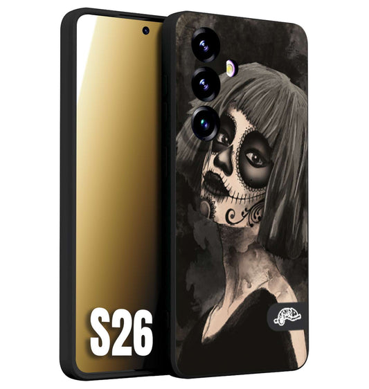 CUSTOMIZZA - Custodia cover nera morbida in tpu compatibile per Samsung S26 chicana messicana dea de la muerte donna santa tattoo disegnata