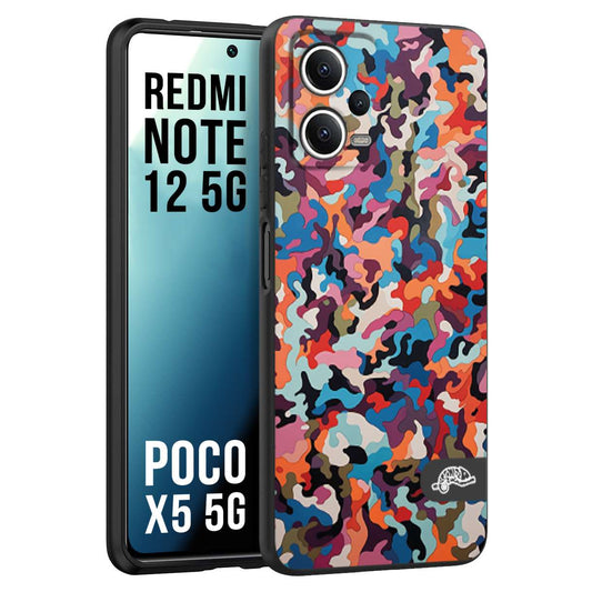 CUSTOMIZZA - Custodia cover nera morbida in tpu compatibile per Xiaomi Redmi Note 12 5G - POCO X5 5G camouflage mimetico militare moderno blu arancio rosa