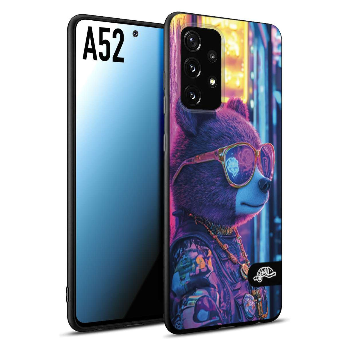 CUSTOMIZZA - Custodia cover nera morbida in tpu compatibile per Samsung A52 animali cyberpunk orsetto orso street bear fucsia blu night