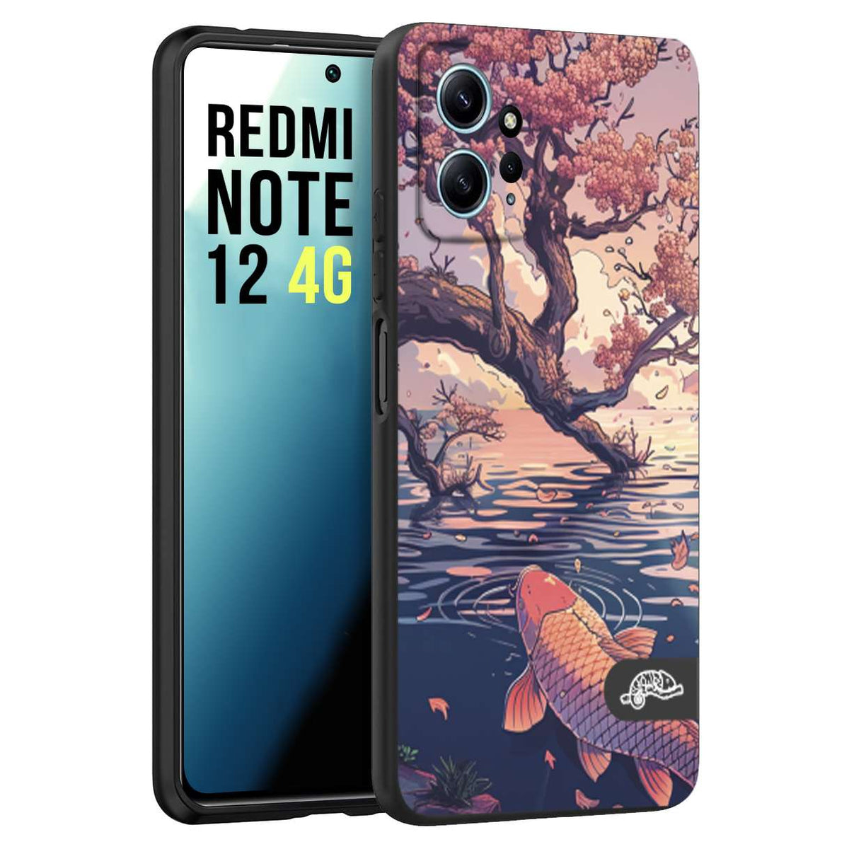CUSTOMIZZA - Custodia cover nera morbida in tpu compatibile per Xiaomi Redmi Note 12 4G giapponese lago carpa koi rosa con foglie d'acero disegnata tattoo