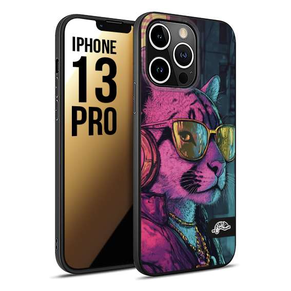 CUSTOMIZZA - Custodia cover nera morbida in tpu compatibile per iPhone 13 PRO animali cyberpunk pantera street cat fucsia blu giallo