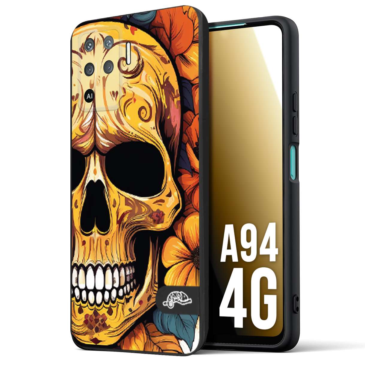 CUSTOMIZZA - Custodia cover nera morbida in tpu compatibile per Oppo A94 4G teschio messicano colorato dorato fiori autunnali disegnato