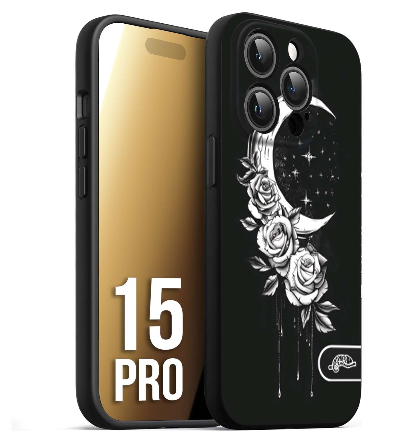 CUSTOMIZZA - Custodia cover nera morbida in tpu compatibile per iPhone 15 PRO luna e fiori moon flowers black and white bianco a rilievo disegnato tattoo tatuaggio