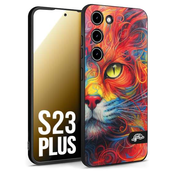 CUSTOMIZZA - Custodia cover nera morbida in tpu compatibile per Samsung S23 PLUS animali color cat gatto viso colori vibranti disegnato schizzo