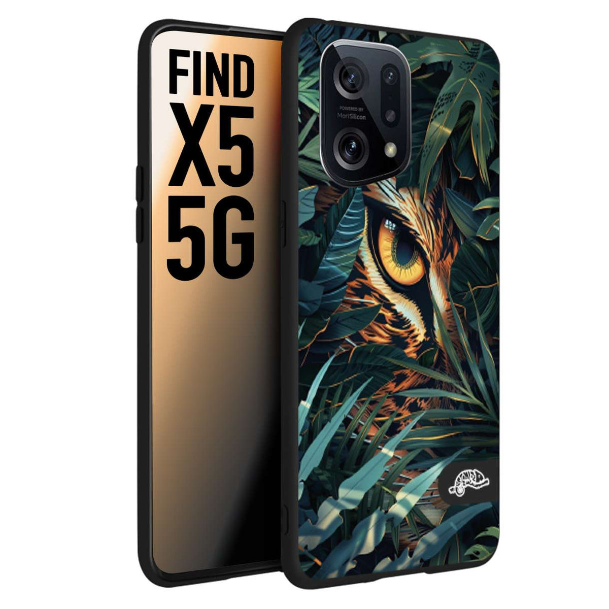 CUSTOMIZZA - Custodia cover nera morbida in tpu compatibile per Oppo Find X5 animali color giungla tropicale occhio di giaguaro felino disegnato