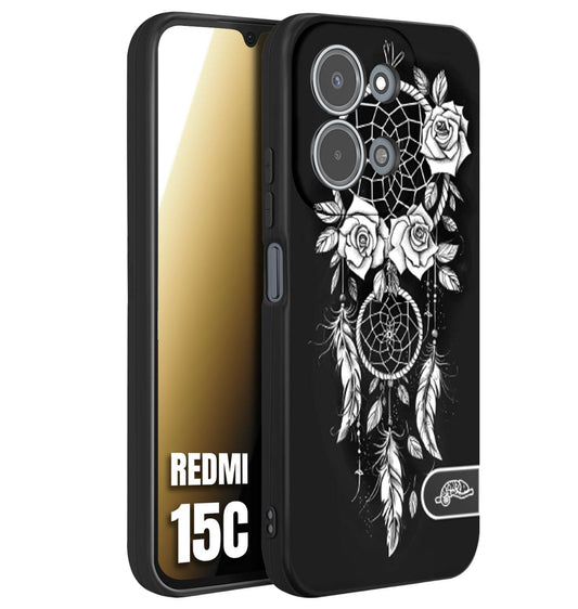 CUSTOMIZZA - Custodia cover nera morbida in tpu compatibile per Xiaomi Redmi 15C acchiappasogni dreamcatcher black and white bianco a rilievo disegnato tattoo tatuaggio