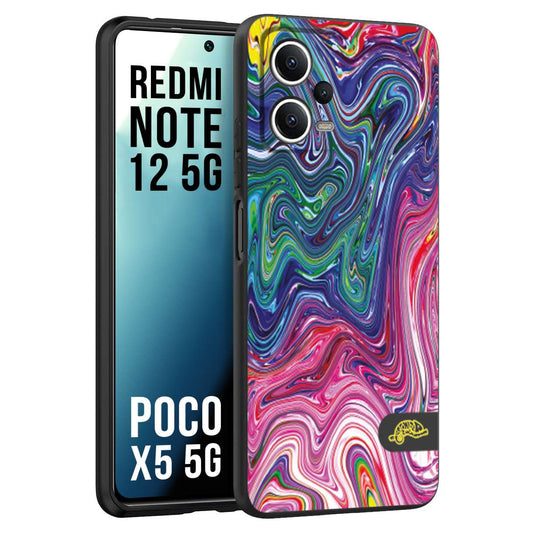 CUSTOMIZZA - Custodia cover nera morbida in tpu compatibile per Xiaomi Redmi Note 12 5G - POCO X5 5G colorata fantasia vortice marmo arcobaleno rosa blu fucsia