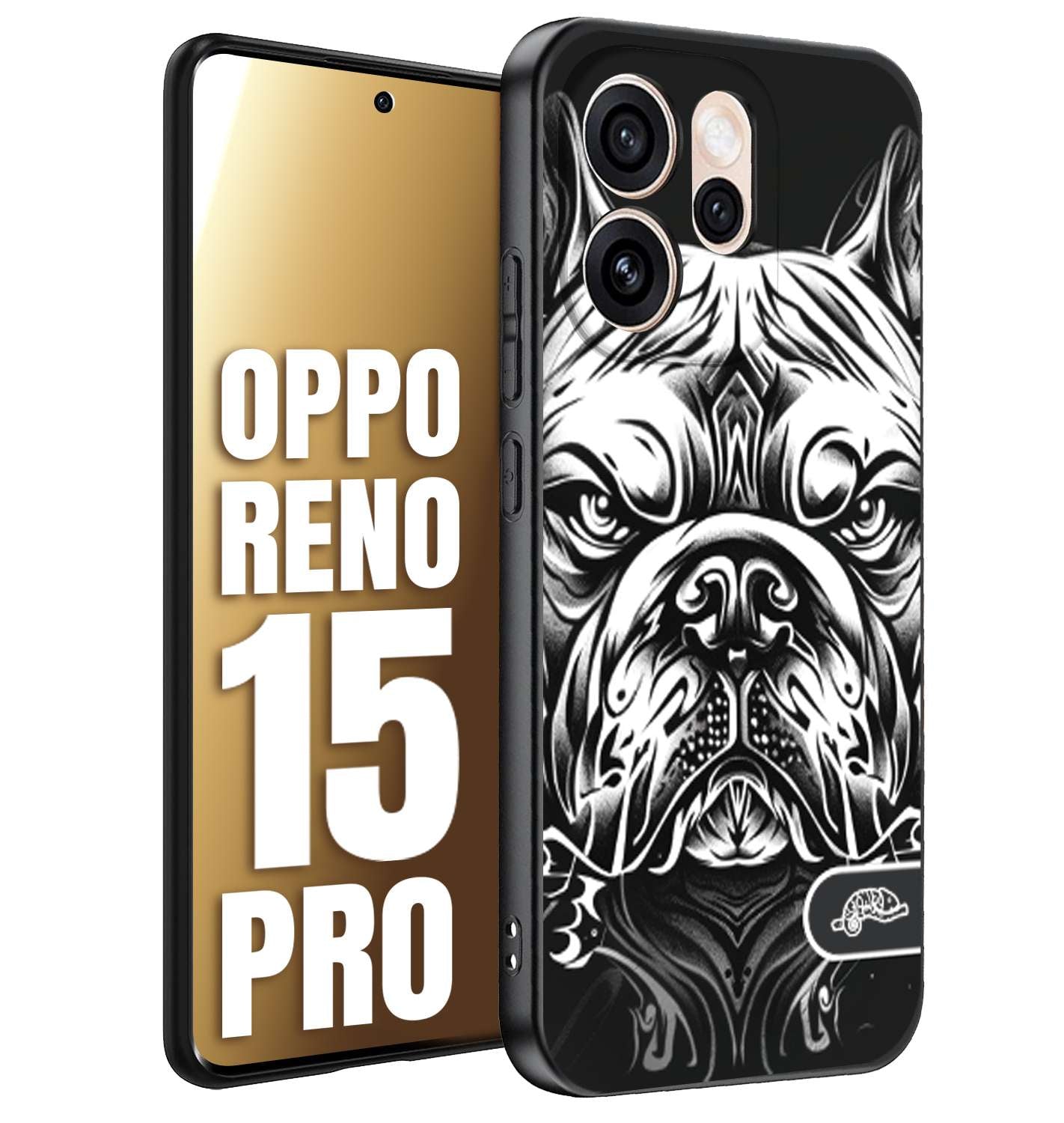 CUSTOMIZZA - Custodia cover nera morbida in tpu compatibile per Oppo Reno 15 PRO bulldog bianco a rilievo disegnato tattoo tatuaggio