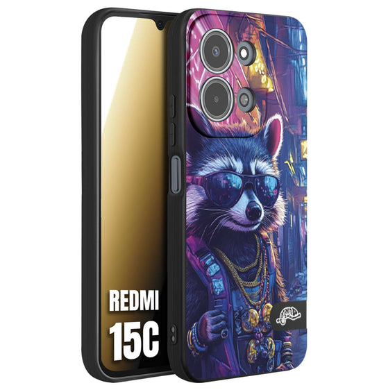 CUSTOMIZZA - Custodia cover nera morbida in tpu compatibile per Xiaomi Redmi 15C animali simpatici cyberpunk procione racoon street cat fucsia blu giallo