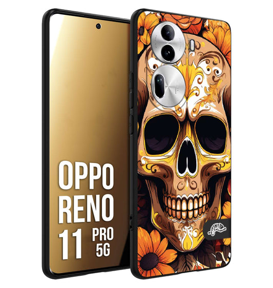 CUSTOMIZZA - Custodia cover nera morbida in tpu compatibile per Oppo Reno 11 PRO 5G teschio messicano colorato dorato fiori tattoo disegnato