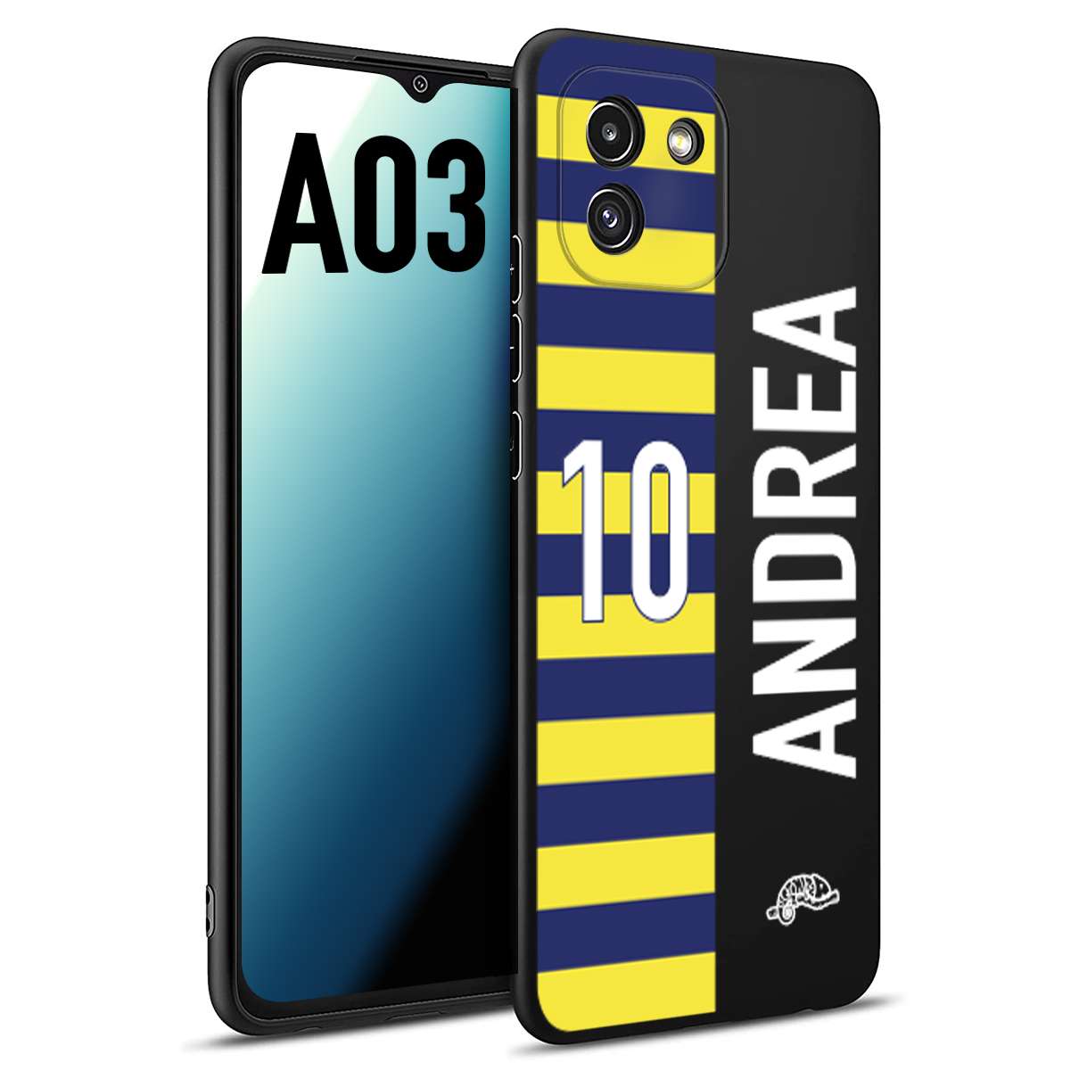 CUSTOMIZZA - Custodia cover nera morbida in tpu compatibile per Samsung A03 personalizzata calcio football nome e numero calciatori giallo blu