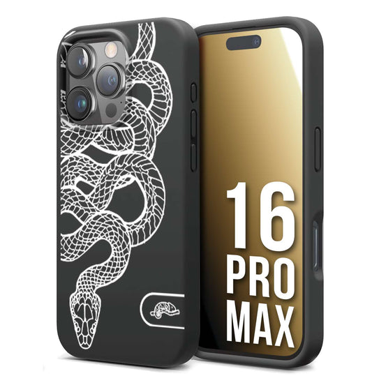 CUSTOMIZZA - Custodia cover nera morbida in tpu compatibile per iPhone 16 PRO MAX serpente snake bianco a rilievo disegnato tattoo tatuaggio