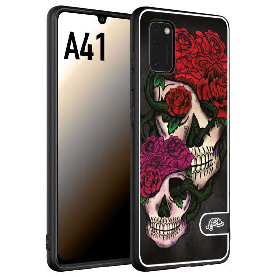 CUSTOMIZZA - Custodia cover nera morbida in tpu compatibile per Samsung A41 teschi e rose rosse fucsia skull and roses