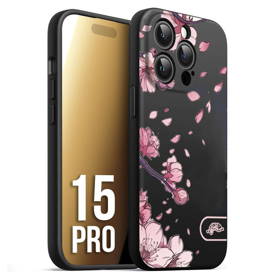 CUSTOMIZZA - Custodia cover nera morbida in tpu compatibile per iPhone 15 PRO giapponese fiori di ciliegio in fiore a rilievo disegnata tattoo