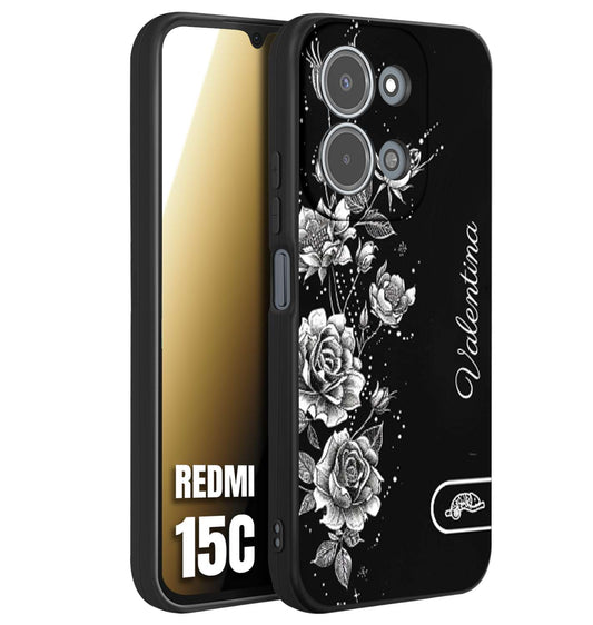 CUSTOMIZZA - Custodia cover nera morbida in tpu compatibile per Xiaomi Redmi 15C personalizzata rilievo soft touch nome rose fiori donna
