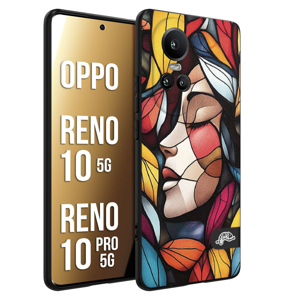 CUSTOMIZZA - Custodia cover nera morbida in tpu compatibile per Oppo Reno 10 5G - 10 PRO 5G Vetrata artistica volto di donna profilo fogliare mosaico di vetro colorato