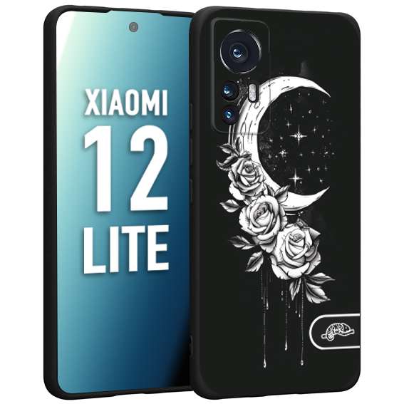 CUSTOMIZZA - Custodia cover nera morbida in tpu compatibile per Xiaomi 12 LITE luna e fiori moon flowers black and white bianco a rilievo disegnato tattoo tatuaggio