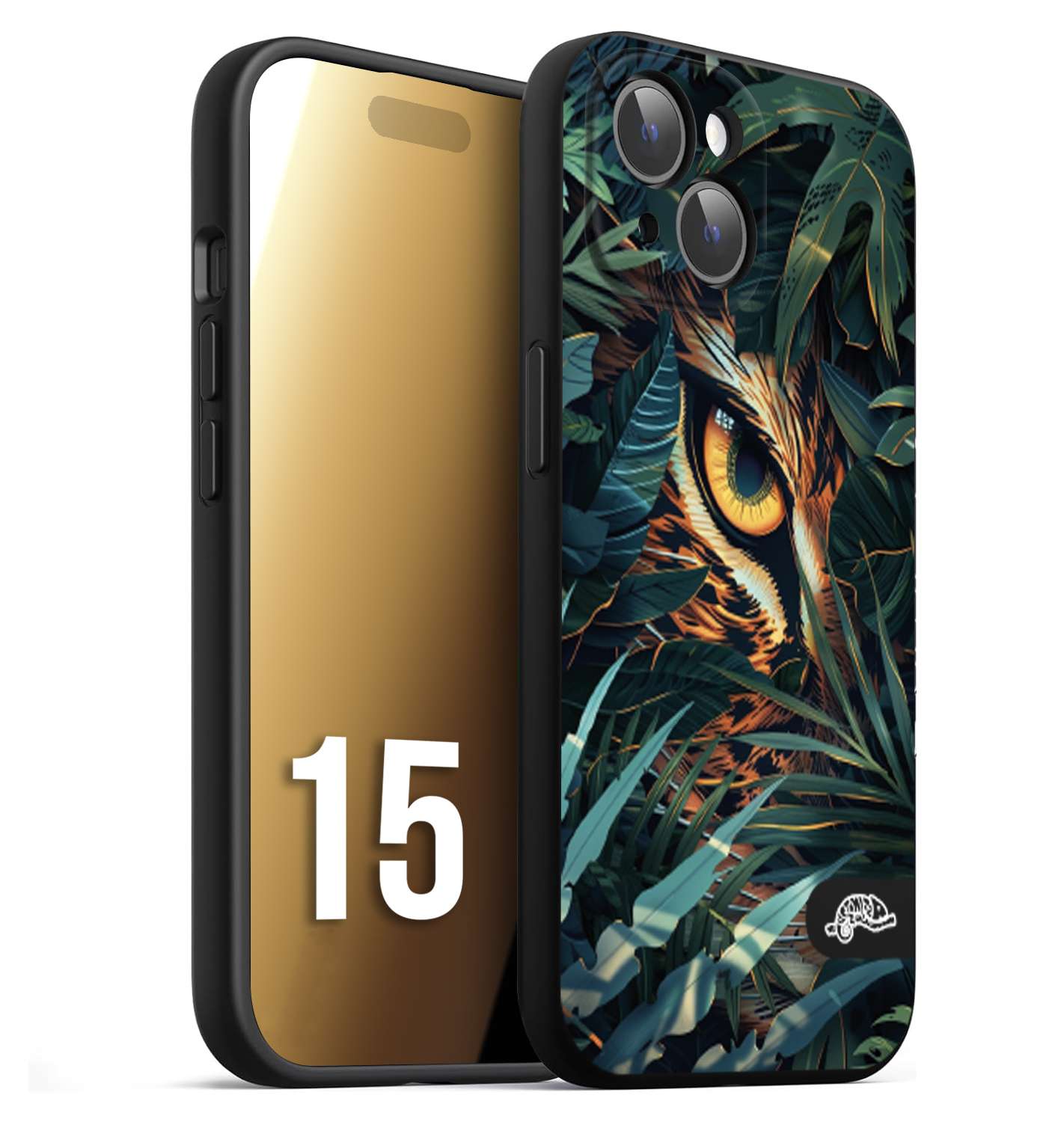 CUSTOMIZZA - Custodia cover nera morbida in tpu compatibile per iPhone 15 animali color giungla tropicale occhio di giaguaro felino disegnato