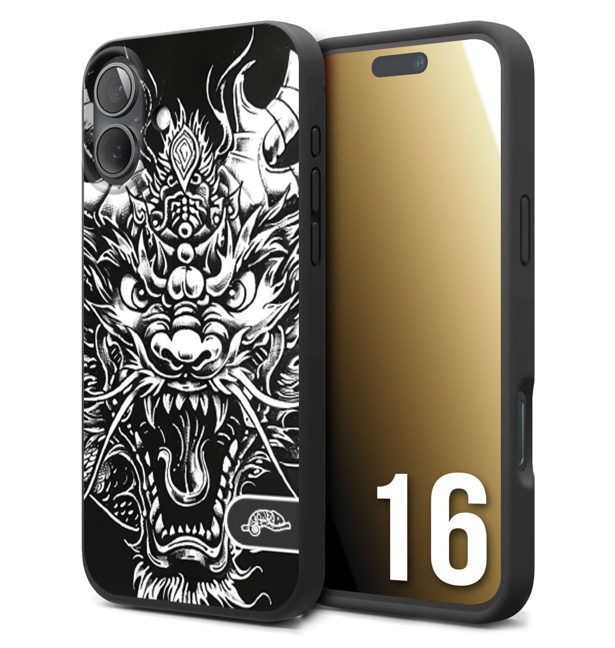 CUSTOMIZZA - Custodia cover nera morbida in tpu compatibile per iPhone 16 drago black and white bianco a rilievo disegnato tattoo tatuaggio