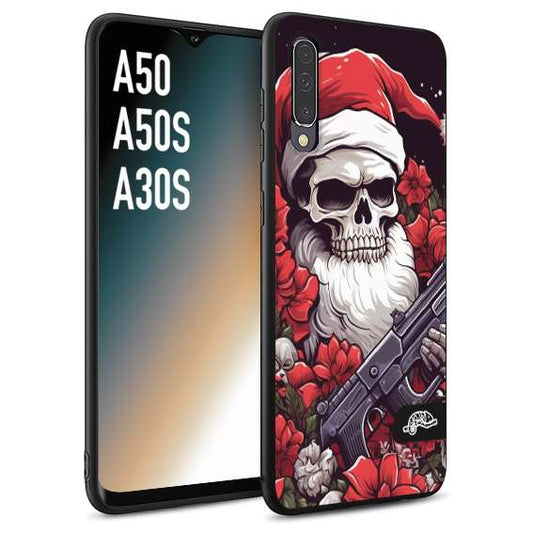 CUSTOMIZZA - Custodia cover nera morbida in tpu compatibile per Samsung A50 - A50S - A30S teschio natale santa claus fiori tattoo disegnato