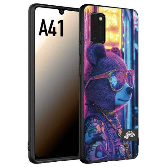 CUSTOMIZZA - Custodia cover nera morbida in tpu compatibile per Samsung A41 animali cyberpunk orsetto orso street bear fucsia blu night