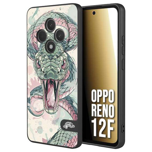 CUSTOMIZZA - Custodia cover nera morbida in tpu compatibile per Oppo Reno 12F snake pink green serpente tatuaggio tattoo disegnato a mano