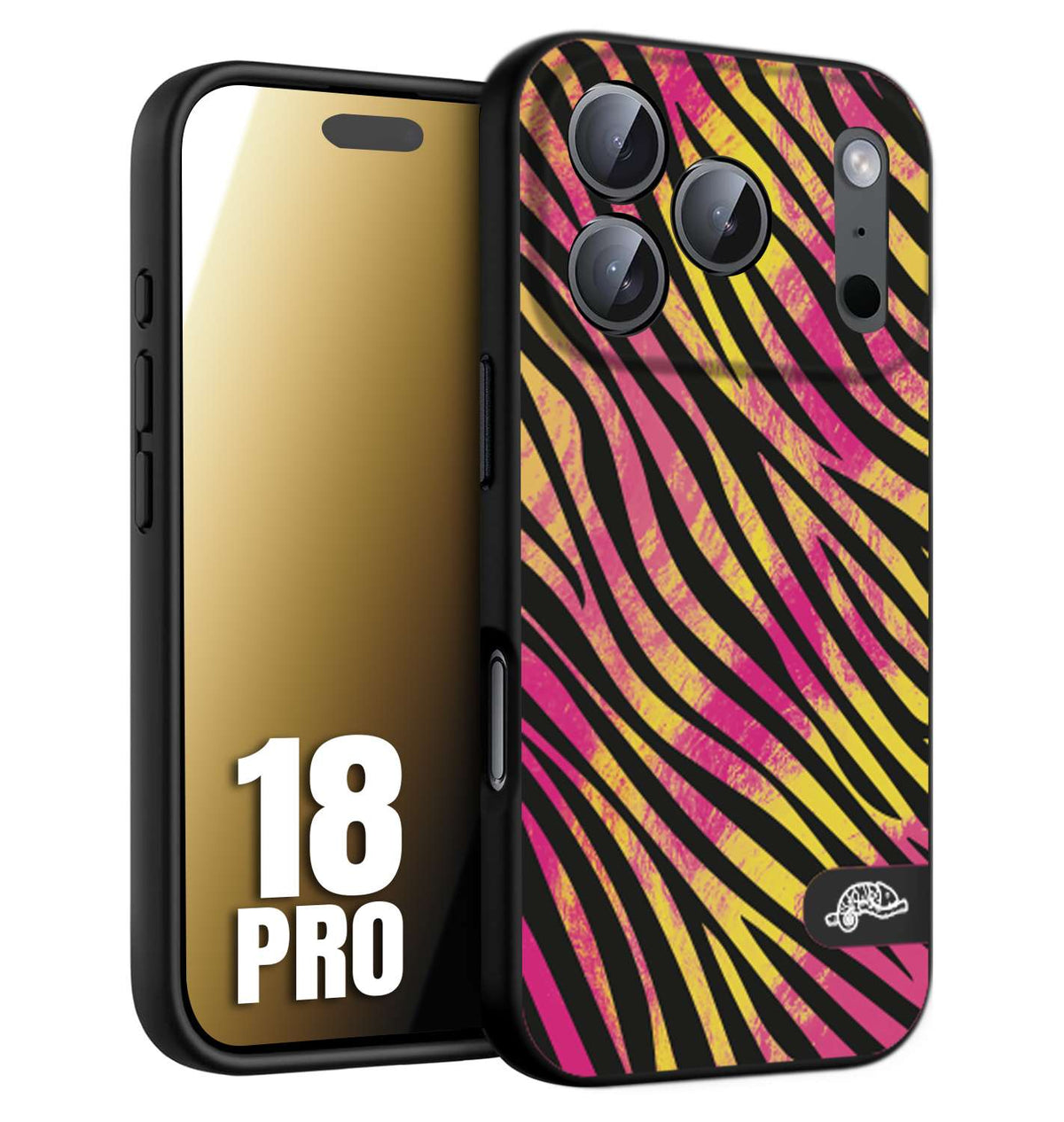 CUSTOMIZZA - Custodia cover nera morbida in tpu compatibile per iPhone 18 PRO zebrata maculata a rilievo soft touch donna fucsia gialla