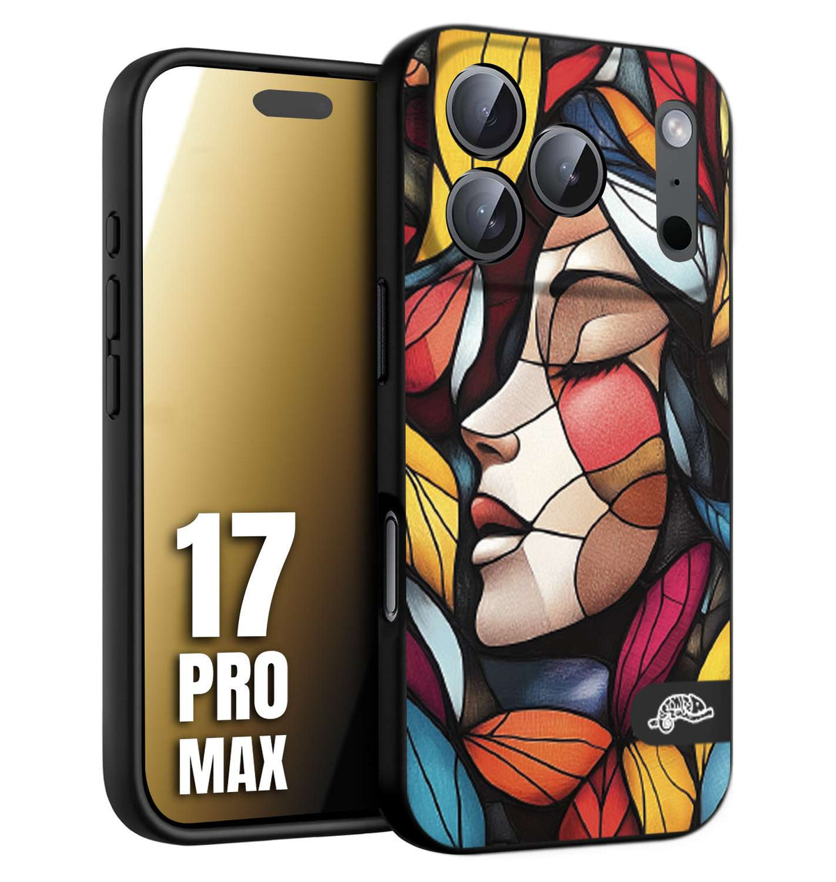 CUSTOMIZZA - Custodia cover nera morbida in tpu compatibile per iPhone 17 PRO MAX Vetrata artistica volto di donna profilo fogliare mosaico di vetro colorato