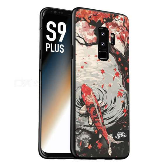 CUSTOMIZZA - Custodia cover nera morbida in tpu compatibile per Samsung S9 PLUS giapponese lago carpa koi rossa con foglie d'acero rosso disegnata tattoo