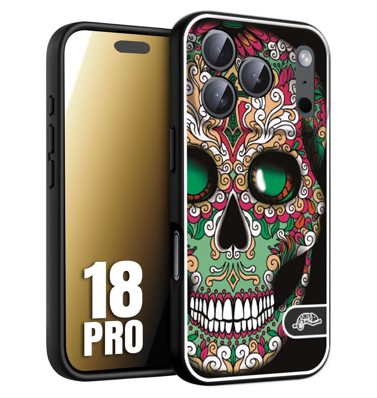CUSTOMIZZA - Custodia cover nera morbida in tpu compatibile per iPhone 18 PRO teschio messicano Mexican skull verde fucsia